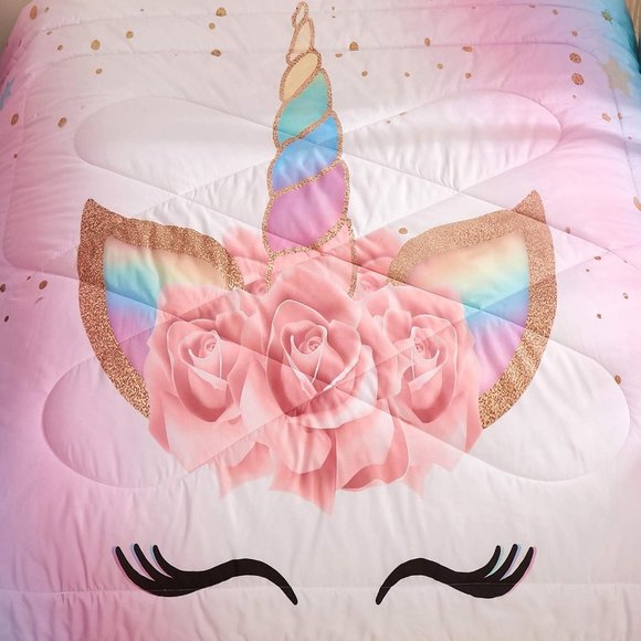 Unicorn Bedding 3 Piece Flower Girl Comforter Sets,Cartoon Unicorn Bedspreads - Picture 6 of 7